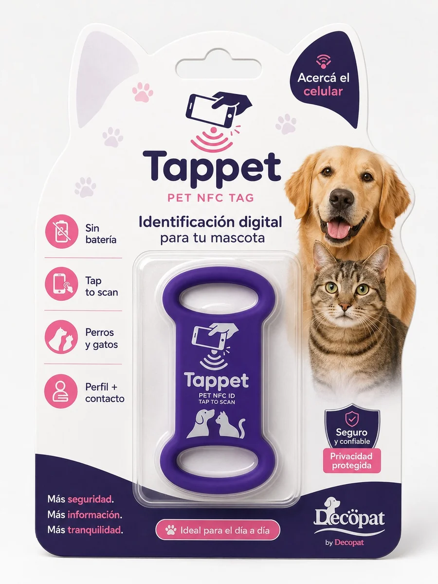 Tappet en su empaque: tag de silicona violeta con la leyenda Identificación digital para tu mascota