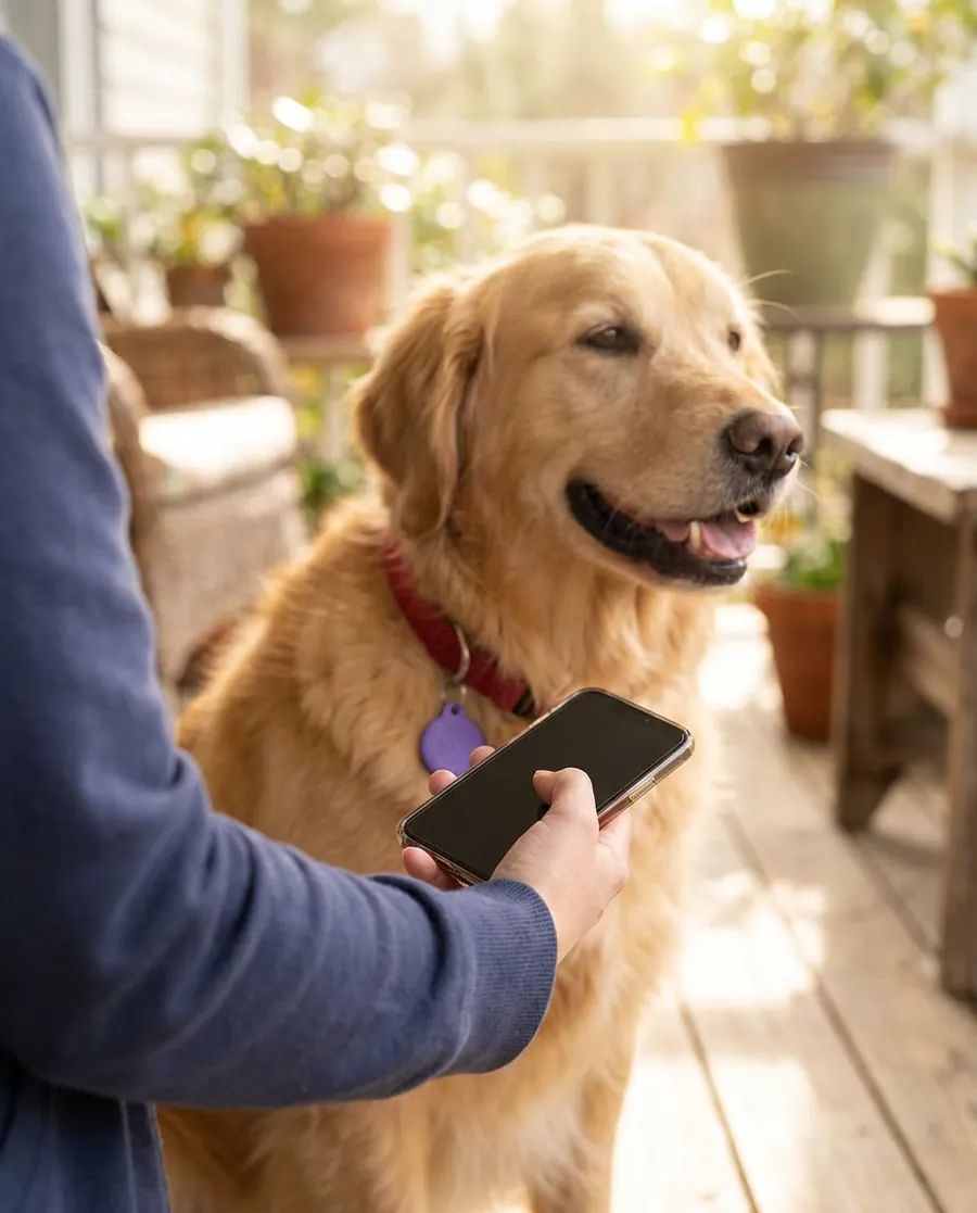 Mano acercando un teléfono al tag Tappet en el collar de un golden retriever
