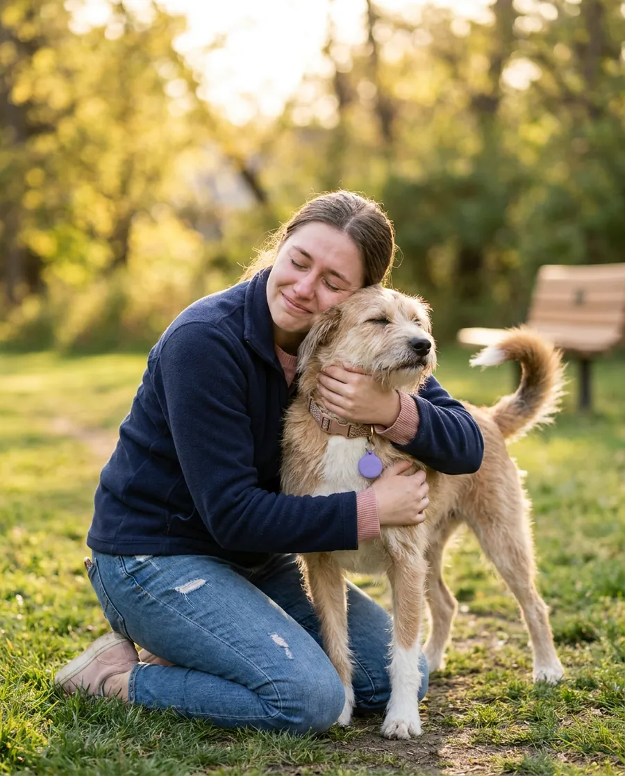 Tutora abrazando a su perro recuperado en una plaza al atardecer