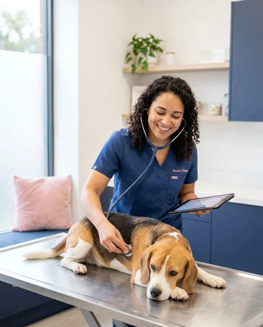 Veterinaria atendiendo con calidez a un beagle en un consultorio moderno y luminoso